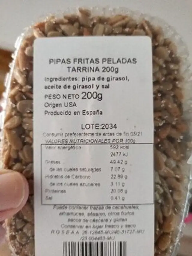 Pipas fritas peladas ingredients label