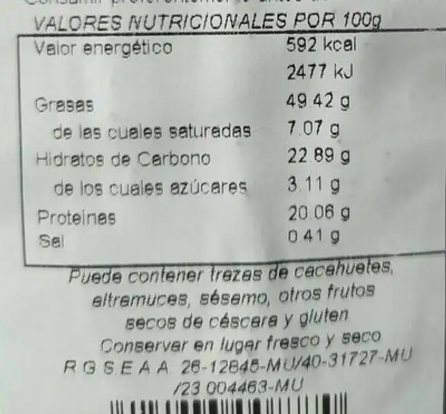 Pipas fritas peladas nutrition facts table