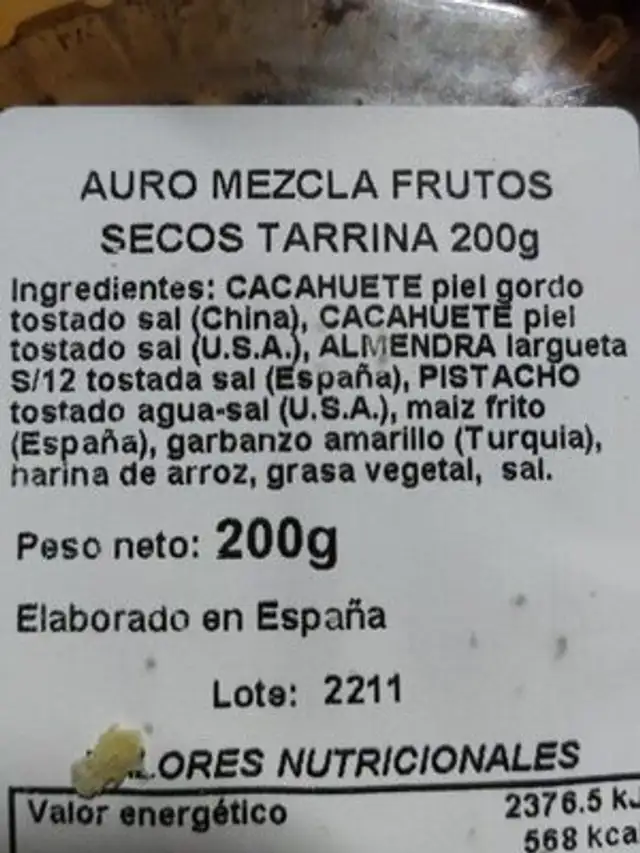 Frutos secos auro ingredients label