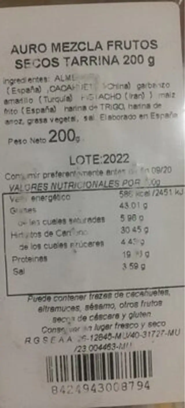 Frutos secos auro nutrition facts table