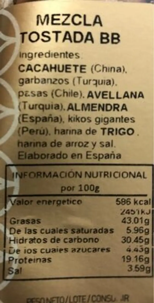 Frutos secos Auro nutrition facts table
