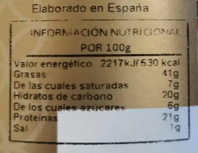 Frutos Secos Selectos nutrition facts table