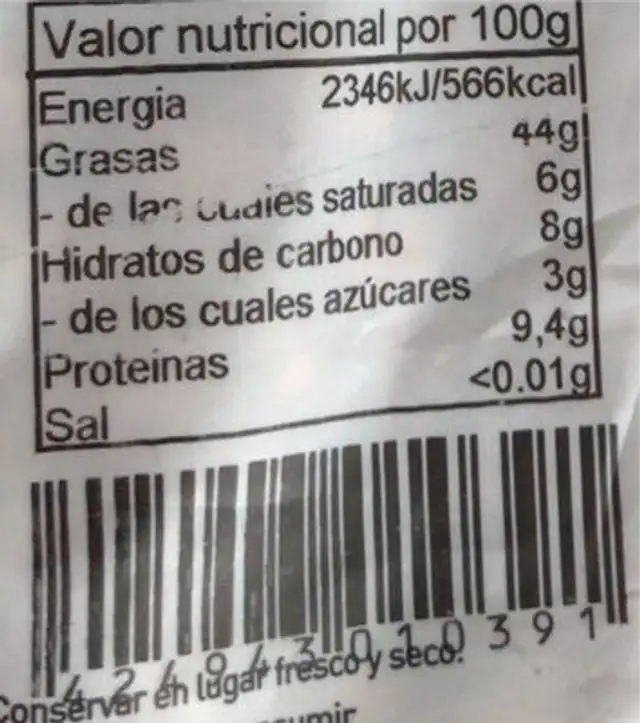 Frutos secos nutrition facts table