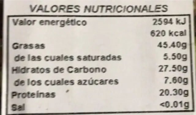 Pistacho Auro nutrition facts table