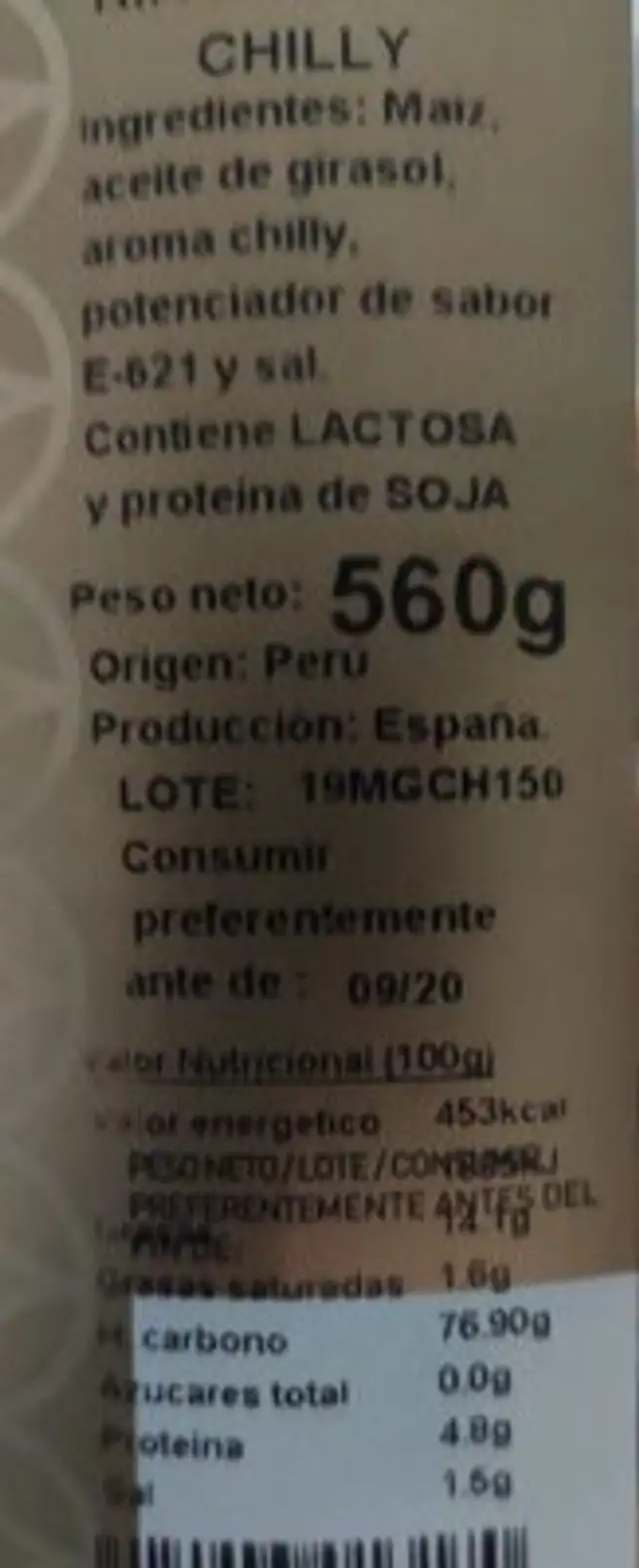 Frutos secos auro nutrition facts table