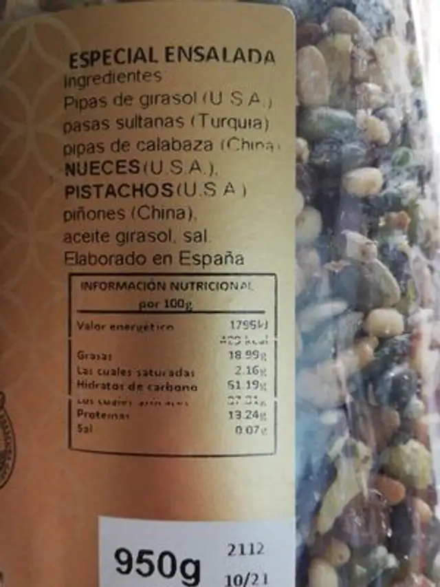 Frutos secos selectos nutrition facts table