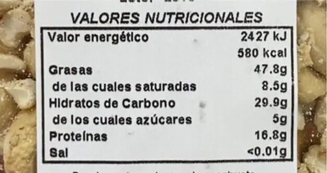Anacardos nutrition facts table