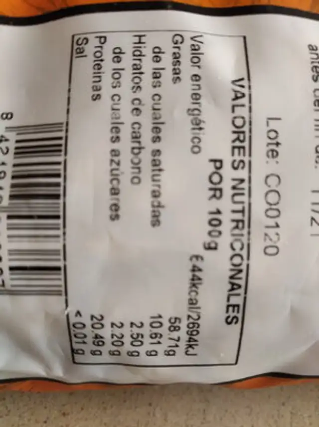 Unknown nutrition facts table