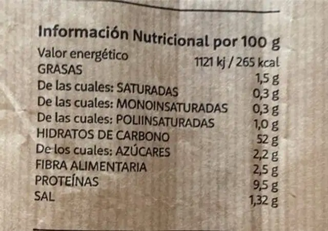 Barra de Pan nutrition facts table