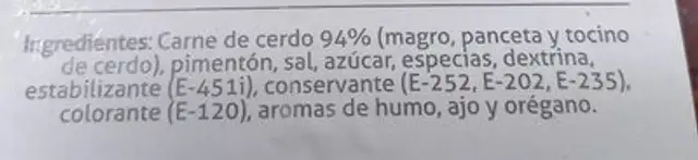 Chorizo Curado Ahumado Cerdo nutrition facts table
