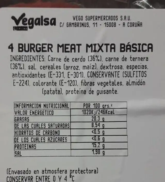 Burger meat mixta basica nutrition facts table