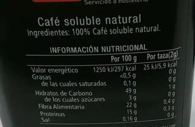 Cafe soluble natural nutrition facts table