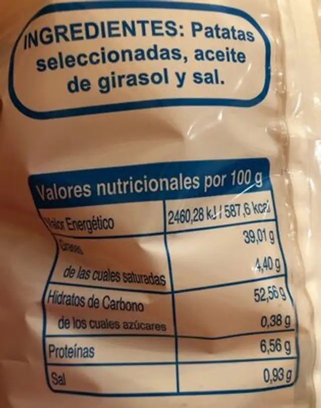 Patatas fritas nutrition facts table
