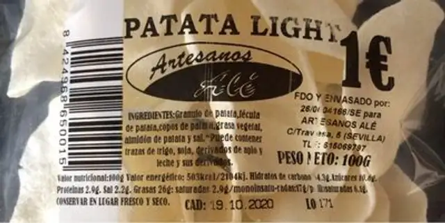 PATATA LIGHT nutrition facts table