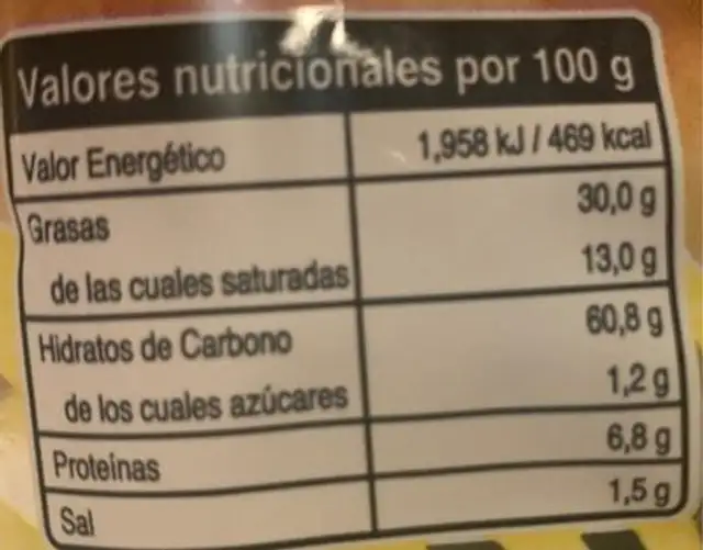 Patatibiris nutrition facts table