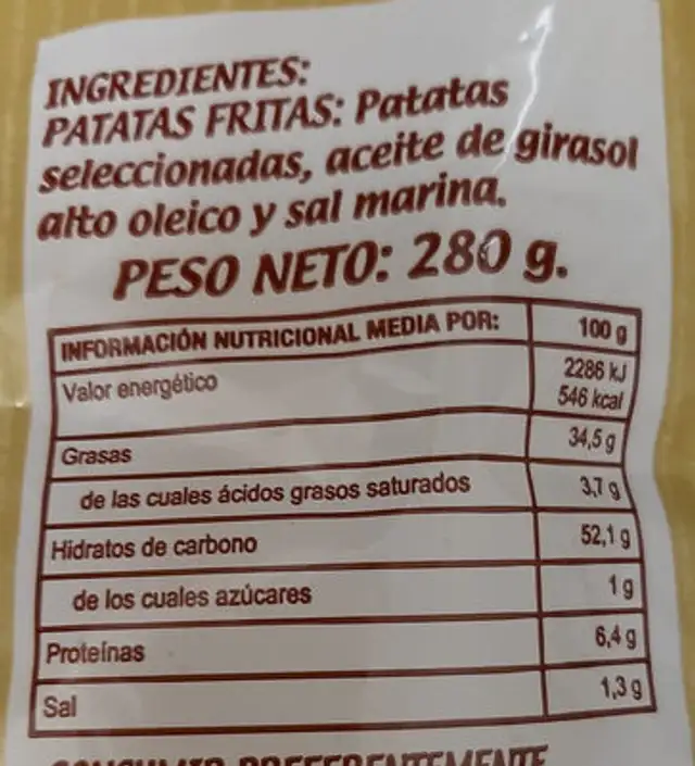 Patatas fritas ingredients label