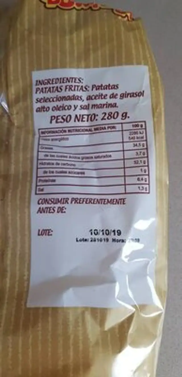 Patatas fritas nutrition facts table