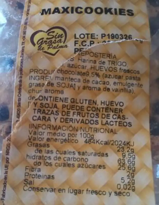 Maxicookies nutrition facts table