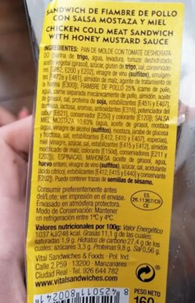 Sandwich pollo miel mostaza nutrition facts table
