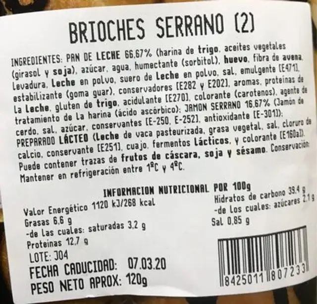 Brioches sereano nutrition facts table