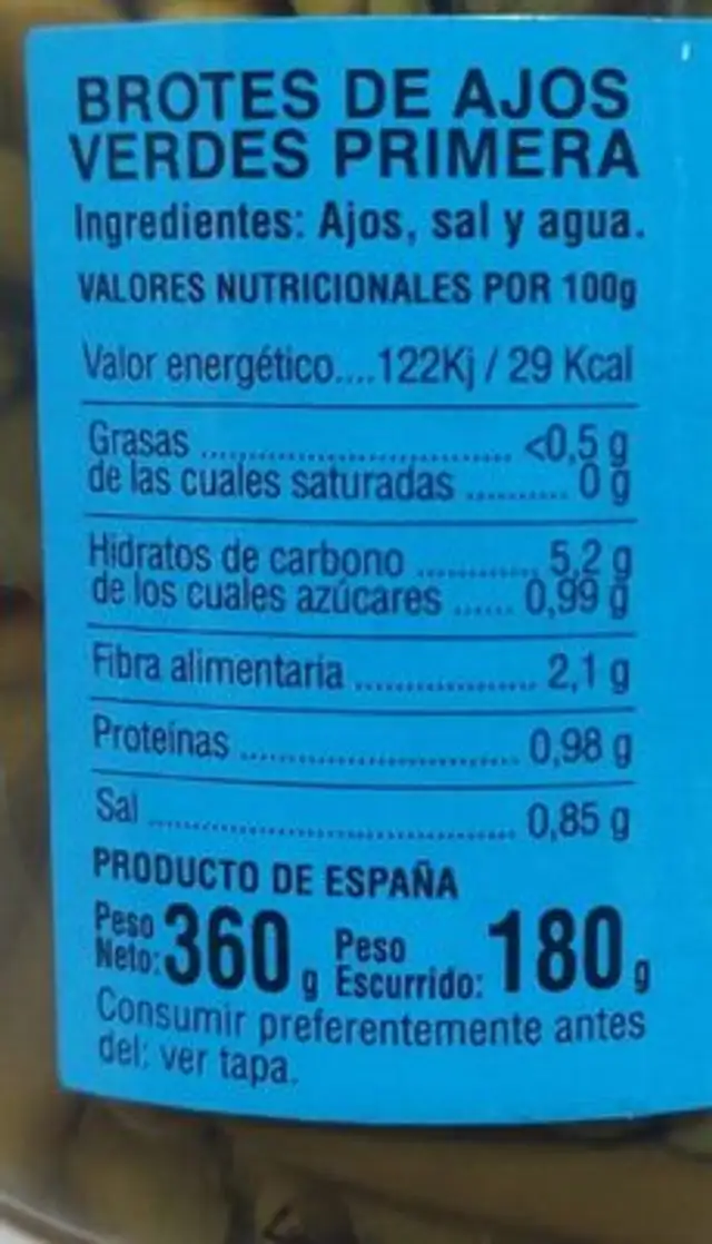 Brotes de ajos verdes nutrition facts table