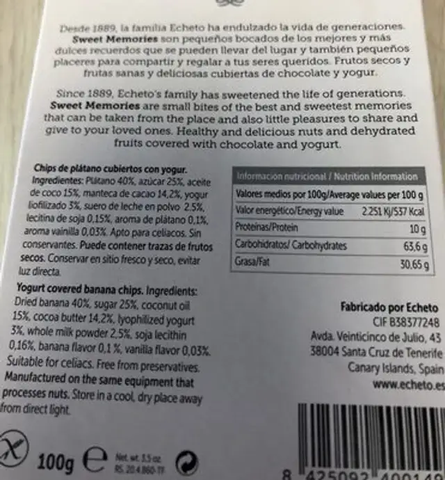 Chips de platano nutrition facts table