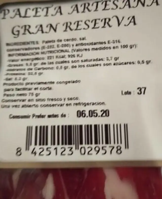 Paleta Artesana Gran Reserva nutrition facts table
