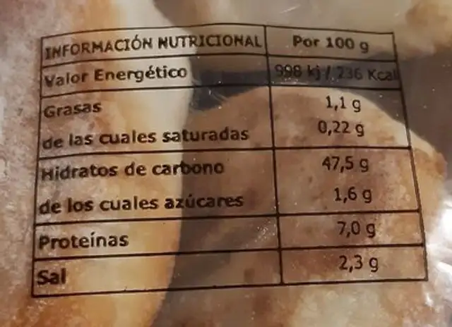 Molletitos nutrition facts table