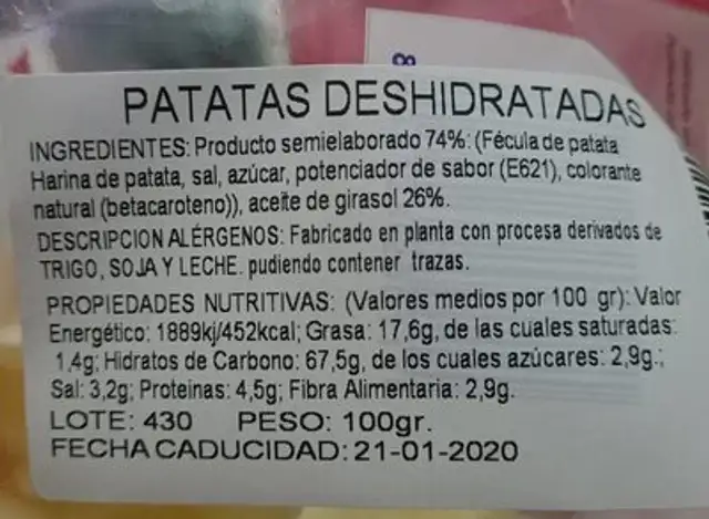 Patatas deshidratada nutrition facts table