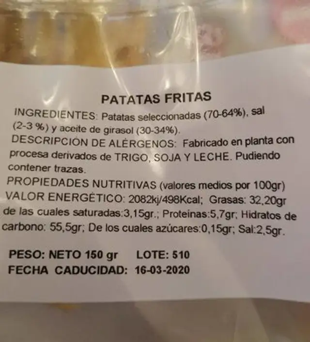 Papitas & Snack nutrition facts table