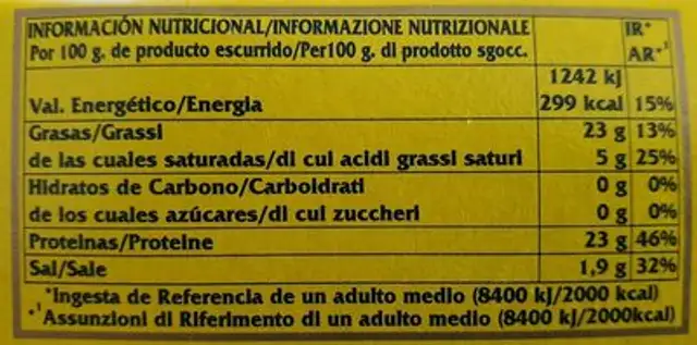 Ventresca de Bonito en aceite de oliva nutrition facts table