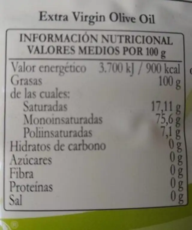 Aceite de oliva virgen extra nutrition facts table