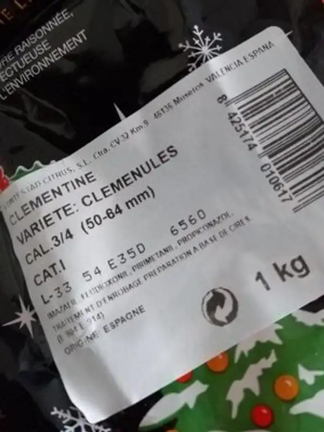 Clementines 1kg 3 / 4 ingredients label