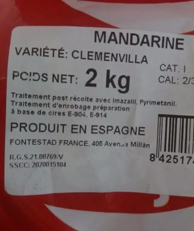 Mandarine ingredients label