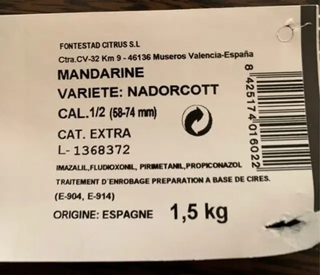 Mandarine var. Nadorcott ingredients label