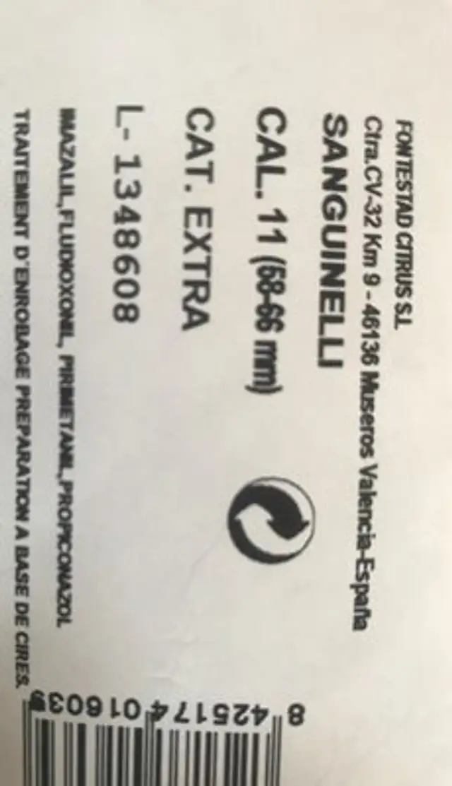 Orange sanguine ingredients label