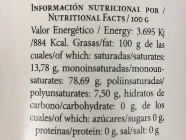 Aceite de oliva virgen extra nutrition facts table
