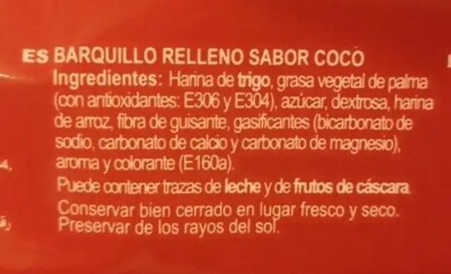 Barquillo Relleno Sabor Coco imp ingredients label