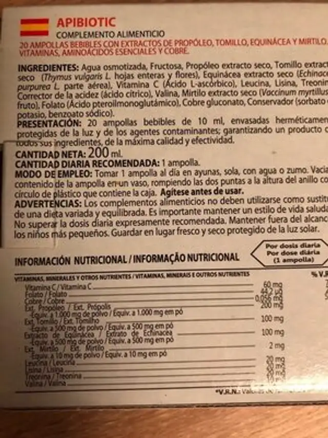 APIBIOTIC nutrition facts table