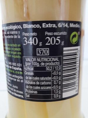 Espárrago blanco extra nutrition facts table