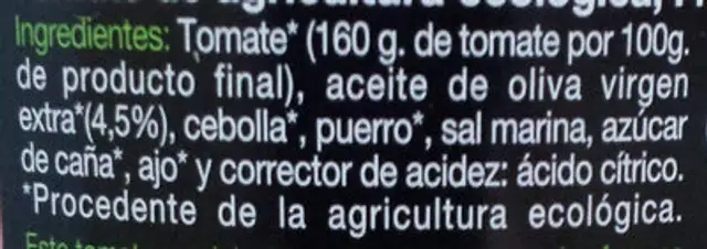 Tomate frito de cultivo ecológico ingredients label