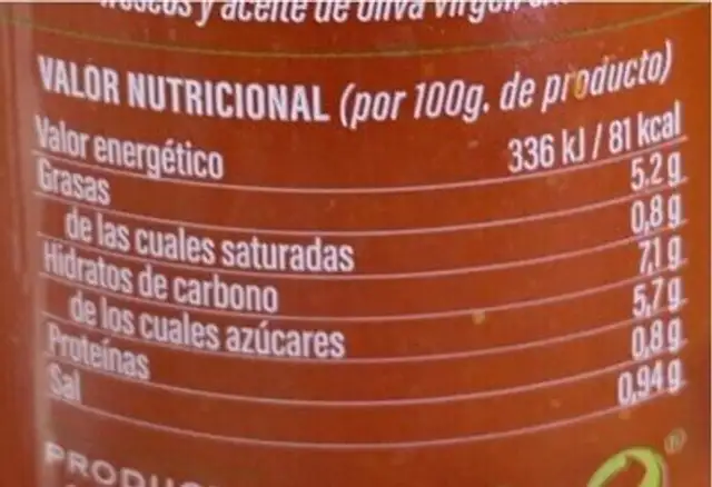 Tomate frito de cultivo ecológico nutrition facts table