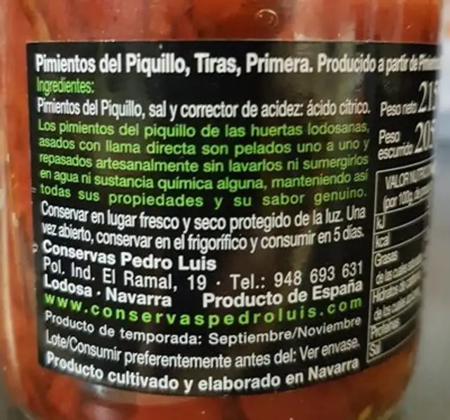 Pimimiento Piquillo en Tiras Pedro Luis ingredients label