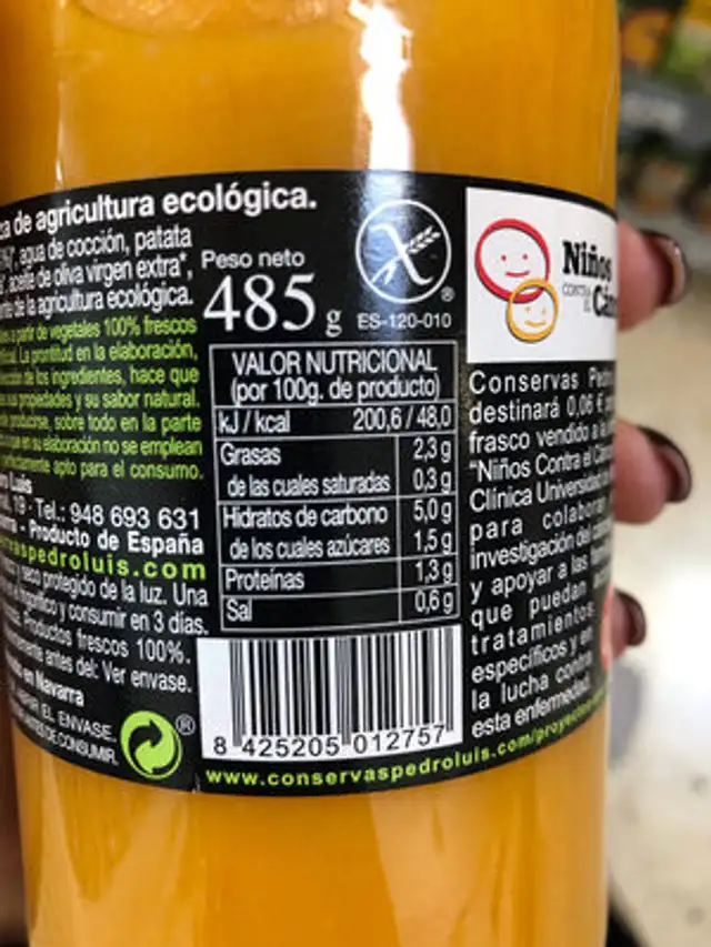 Crema de calabaza ecológica botella 485 ml ingredients label