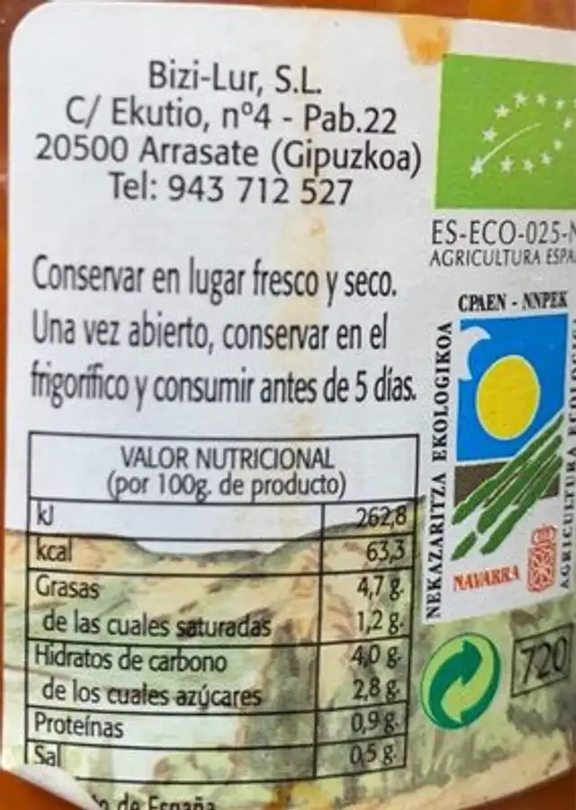 Bizilur nutrition facts table