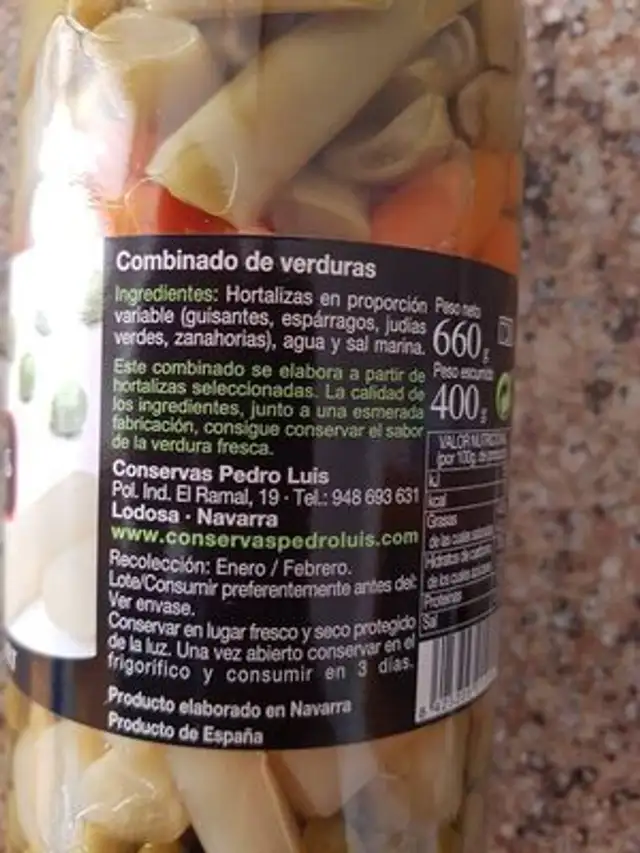 Combinado de verduras ingredients label