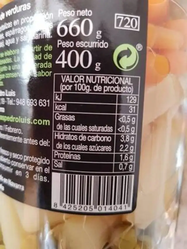 Combinado de verduras nutrition facts table