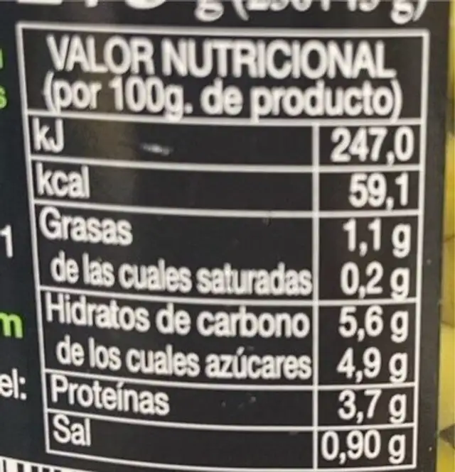 Guisantes Agricultura Ecológica nutrition facts table