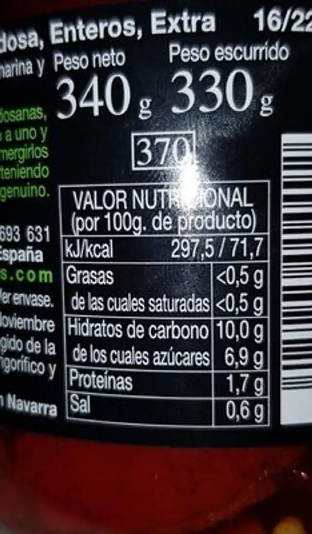 Piquillo de Lodosa enteros-extra nutrition facts table