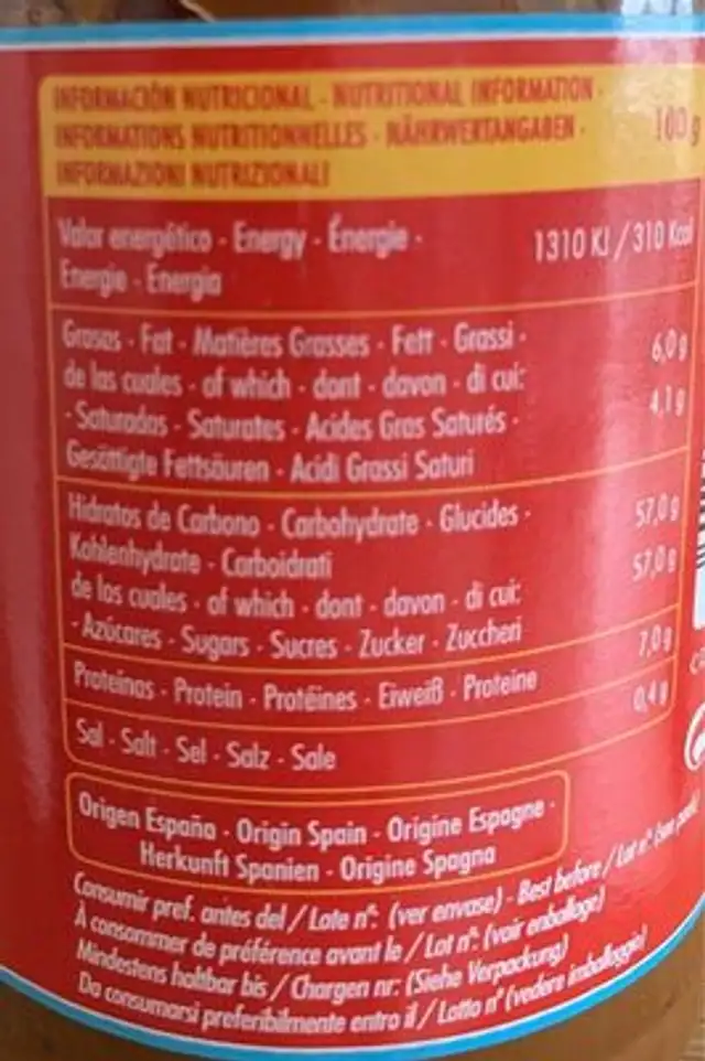 Arequipe nutrition facts table